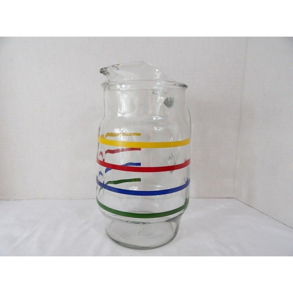 Pitcher Anchor Hocking Fiesta Glass Ice Lip Rainbow Colors Stripe 72 Oz Tea